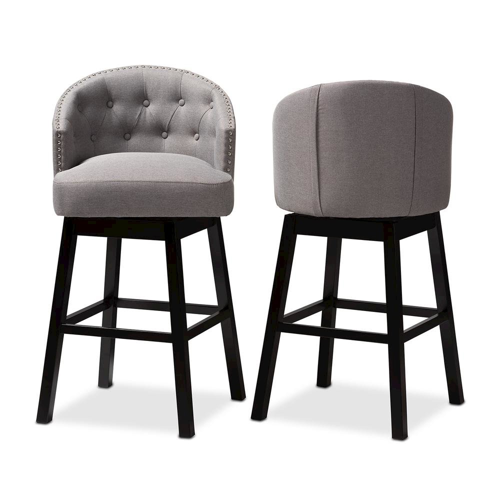 Theron Transitional Gray Fabric Upholstered Wood Swivel Bar Stool Set of 2