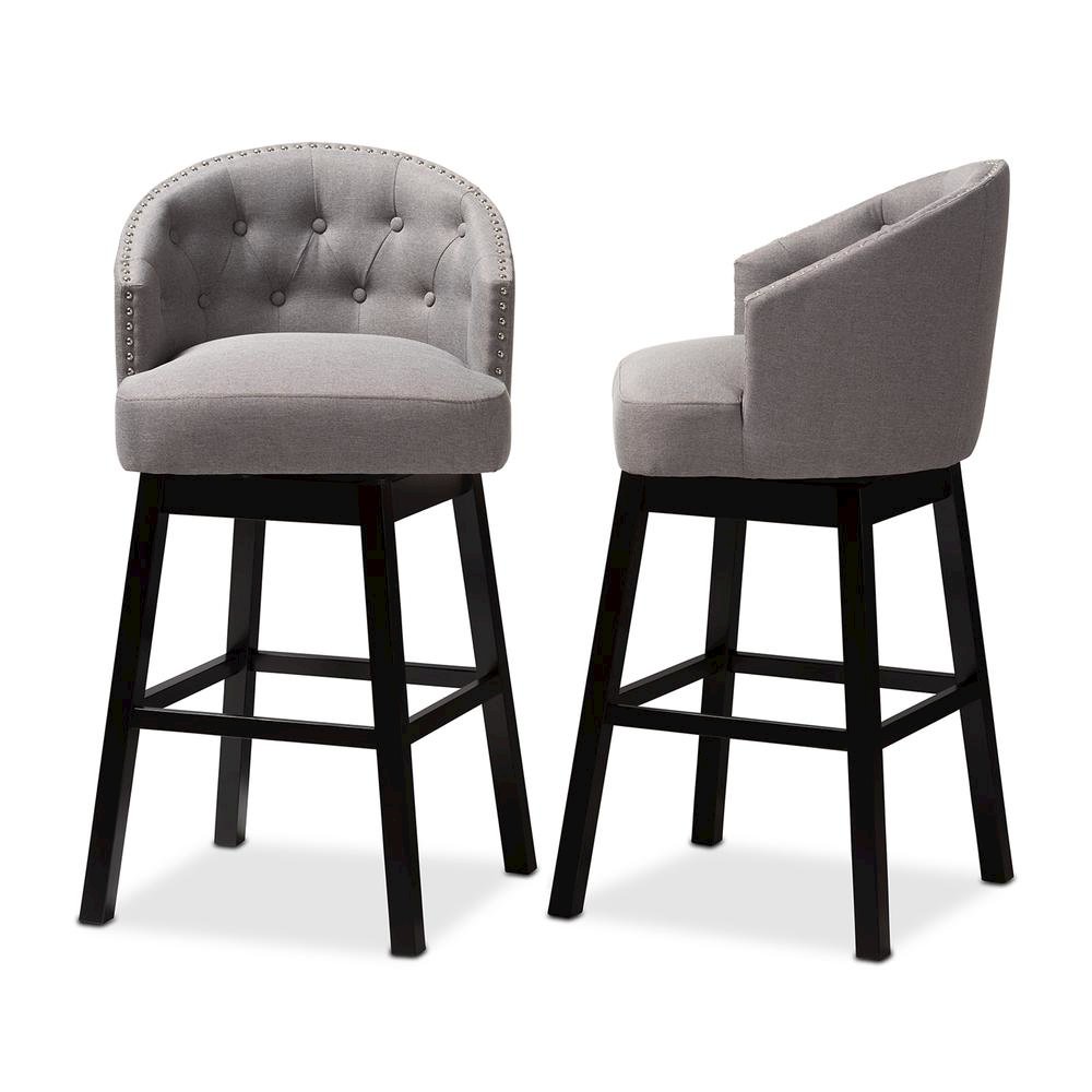 Theron Transitional Gray Fabric Upholstered Wood Swivel Bar Stool Set of 2
