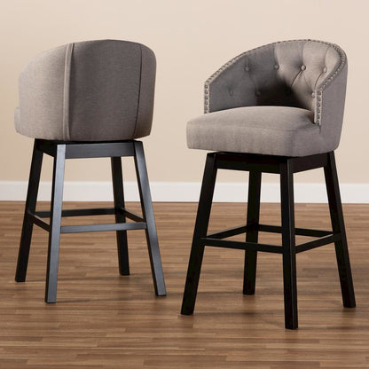 Theron Transitional Gray Fabric Upholstered Wood Swivel Bar Stool Set of 2