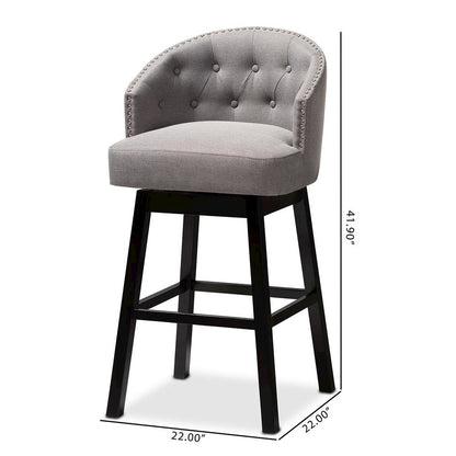 Theron Transitional Gray Fabric Upholstered Wood Swivel Bar Stool Set of 2