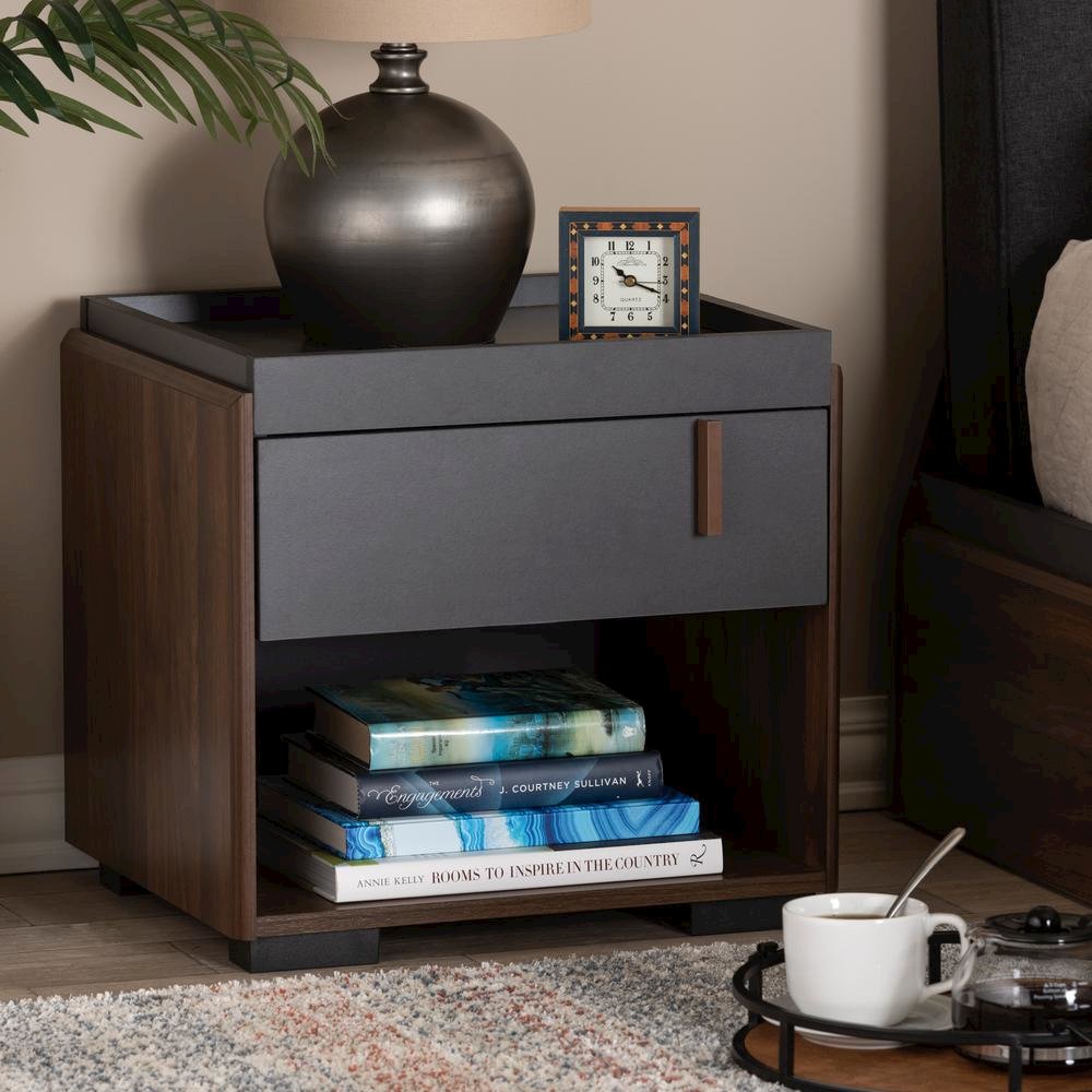 Two-Tone Gray and Walnut Finished Wood 1-Drawer Nightstand