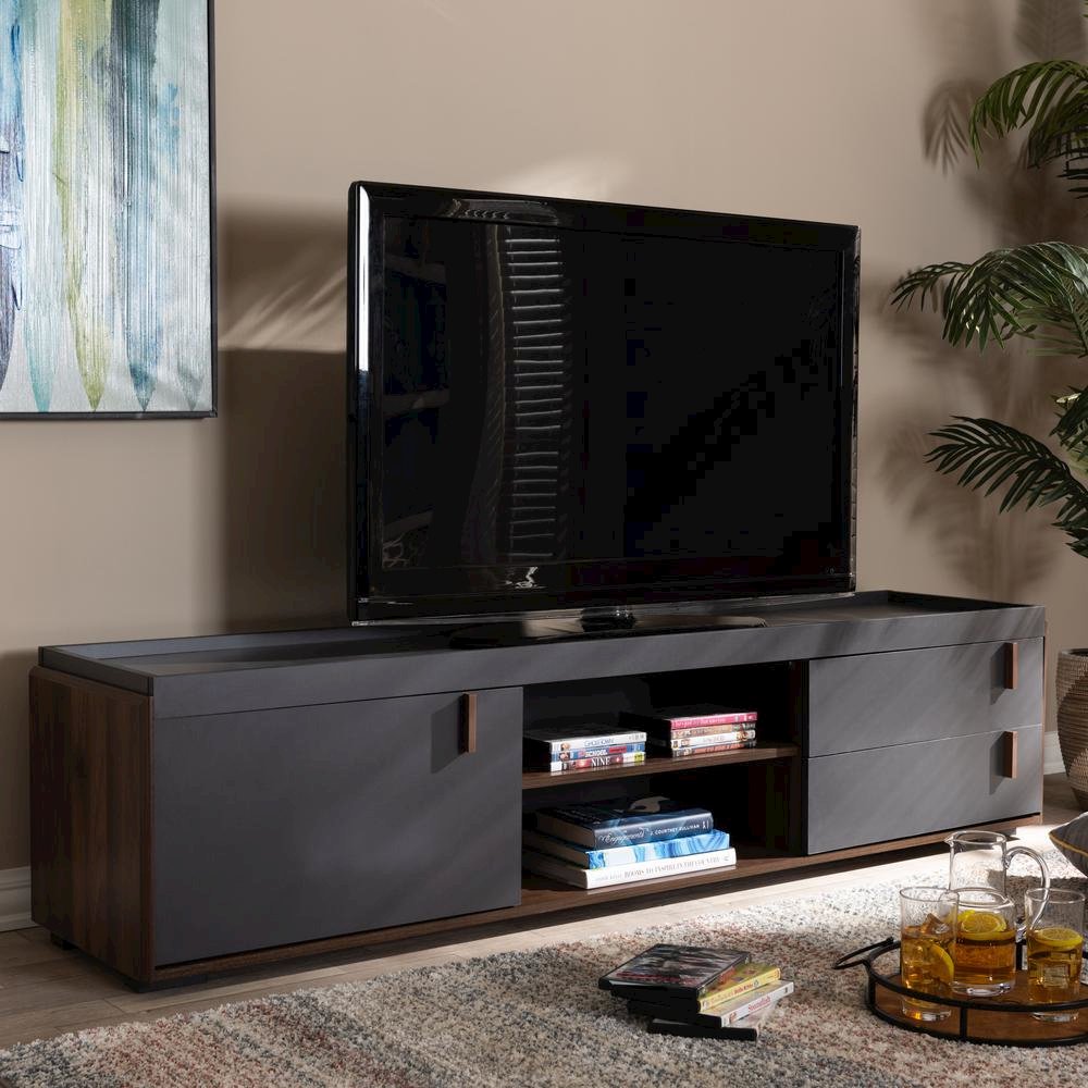 Two-Tone Gray and Walnut Finished Wood 2-Drawer TV Stand