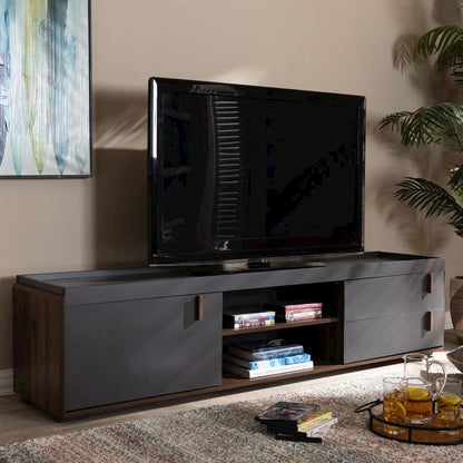 Two-Tone Gray and Walnut Finished Wood 2-Drawer TV Stand