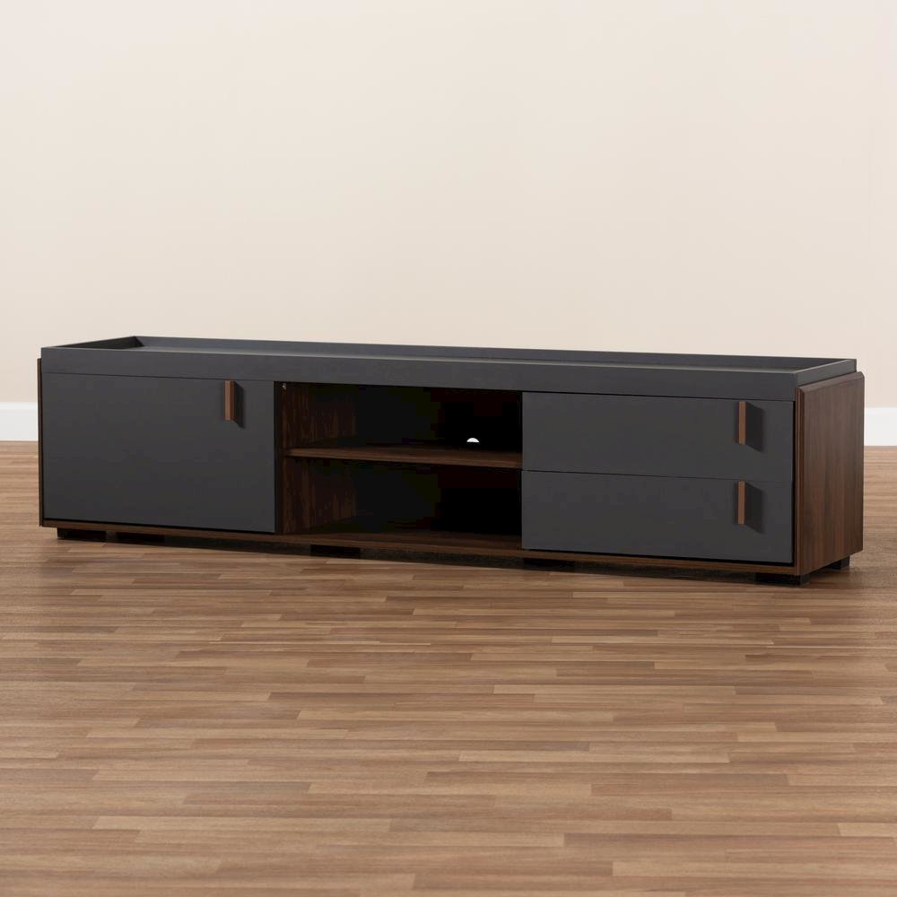 Two-Tone Gray and Walnut Finished Wood 2-Drawer TV Stand