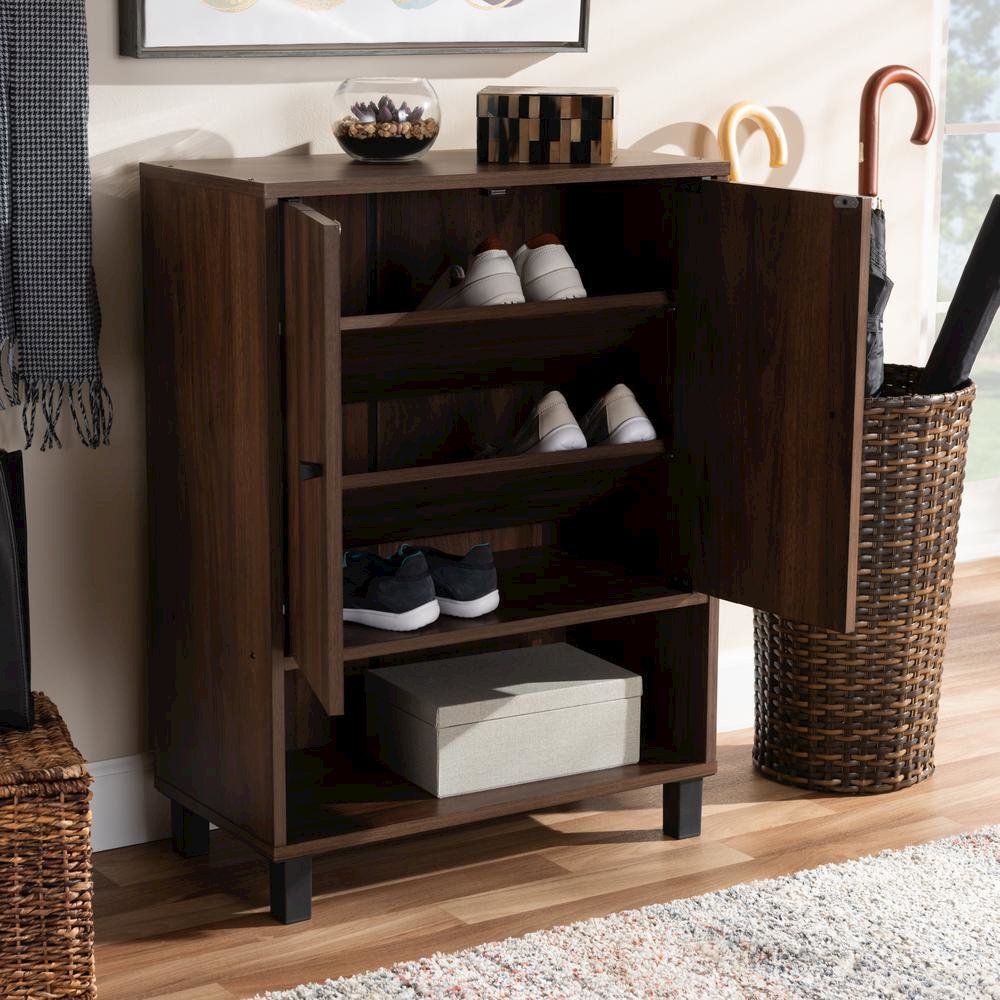 Walnut Brown Finished 2-Door Wood Entryway Shoe Storage Cabinet