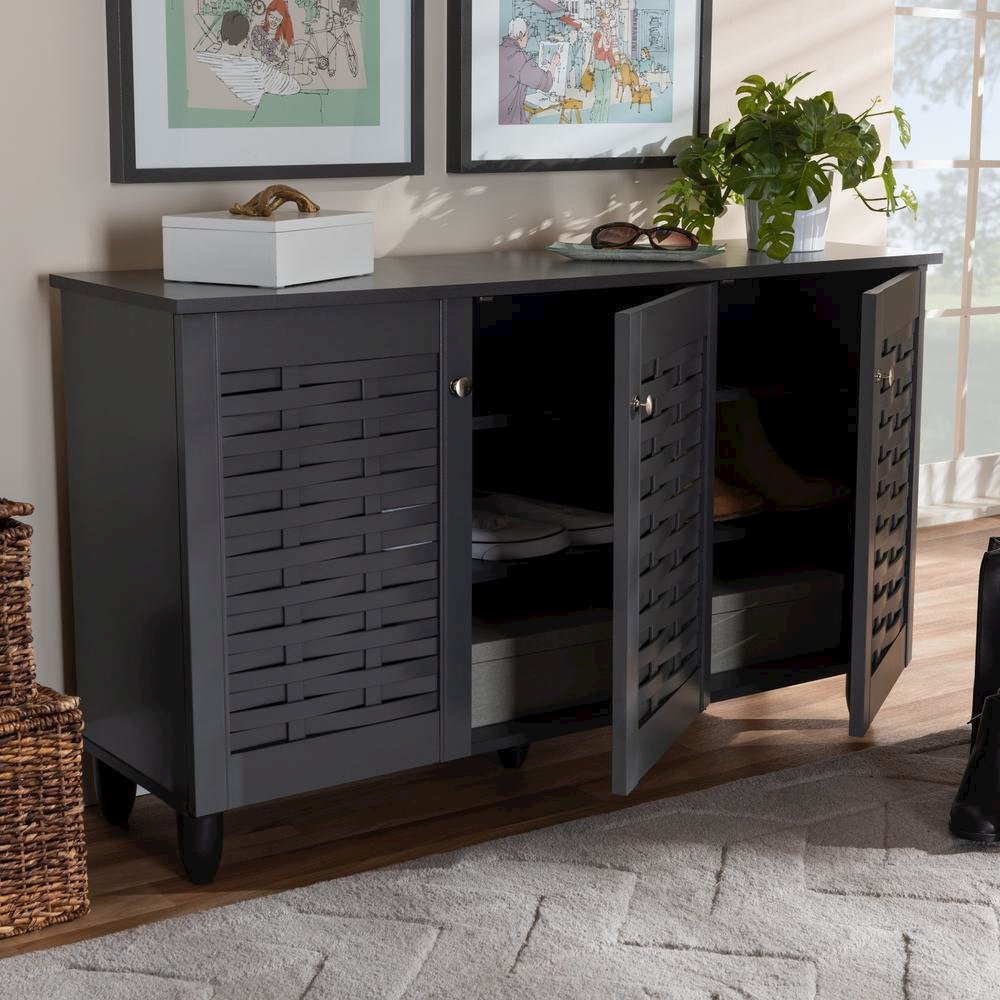 Dark Gray 3-Door Wooden Entryway Shoe Storage Cabinet