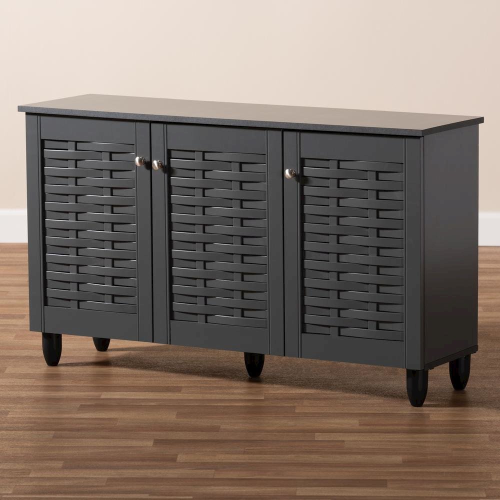 Dark Gray 3-Door Wooden Entryway Shoe Storage Cabinet
