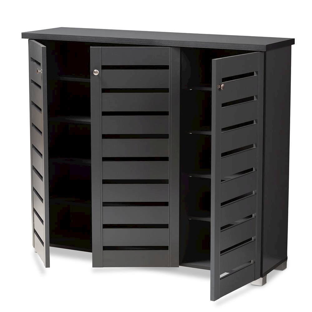 Dark Gray 3-Door Wooden Entryway Shoe Storage Cabinet