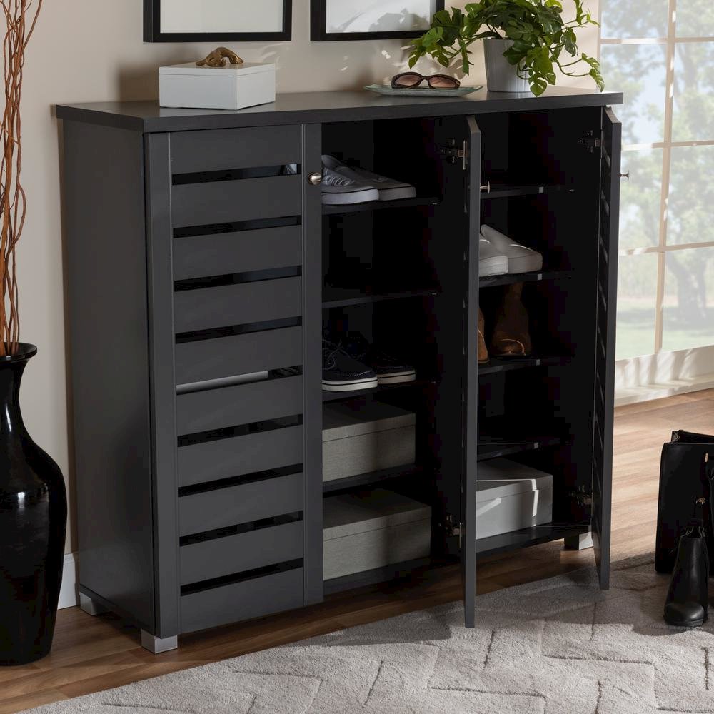Dark Gray 3-Door Wooden Entryway Shoe Storage Cabinet