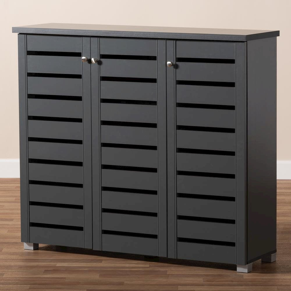Dark Gray 3-Door Wooden Entryway Shoe Storage Cabinet