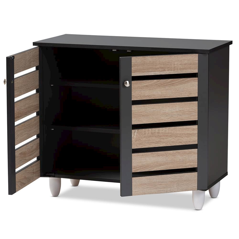 Two-Tone Oak and Dark Gray 2-Door Shoe Storage Cabinet