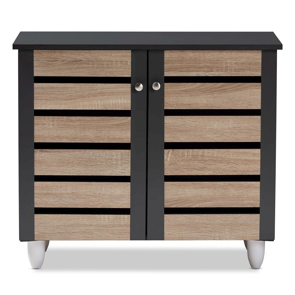 Two-Tone Oak and Dark Gray 2-Door Shoe Storage Cabinet