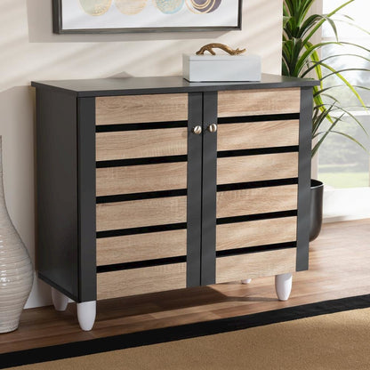 Two-Tone Oak and Dark Gray 2-Door Shoe Storage Cabinet