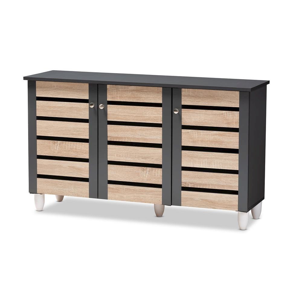 Two-Tone Oak and Dark Gray 3-Door Shoe Storage Cabinet