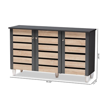 Two-Tone Oak and Dark Gray 3-Door Shoe Storage Cabinet