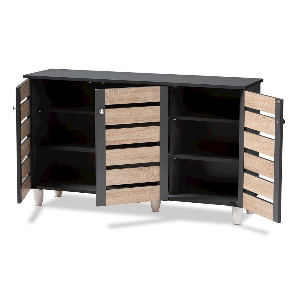 Two-Tone Oak and Dark Gray 3-Door Shoe Storage Cabinet