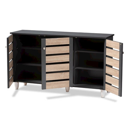 Two-Tone Oak and Dark Gray 3-Door Shoe Storage Cabinet