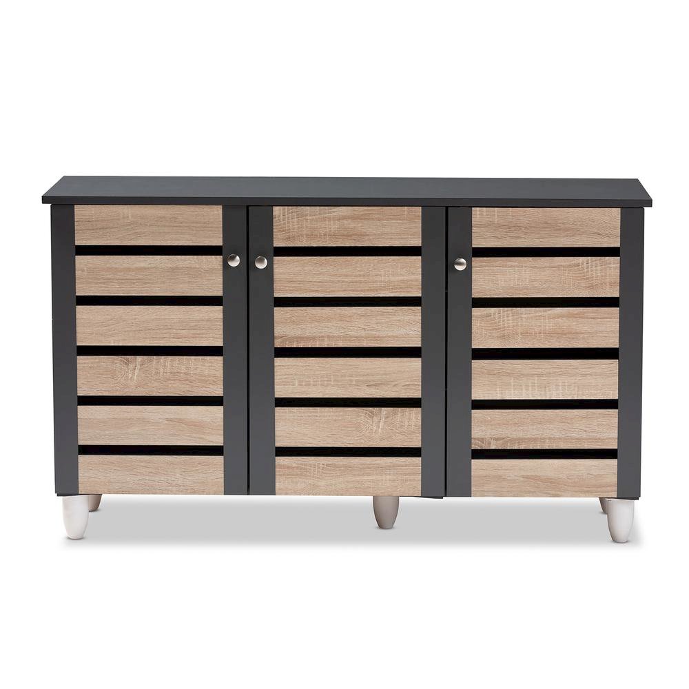Two-Tone Oak and Dark Gray 3-Door Shoe Storage Cabinet