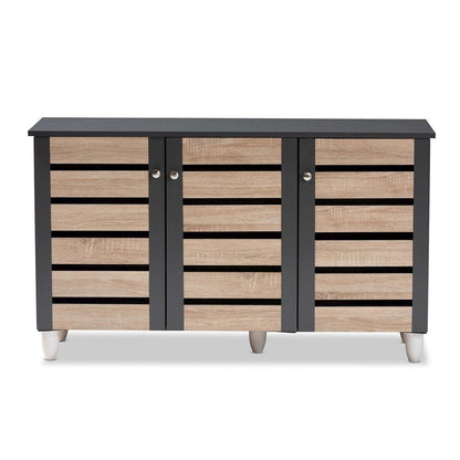 Two-Tone Oak and Dark Gray 3-Door Shoe Storage Cabinet