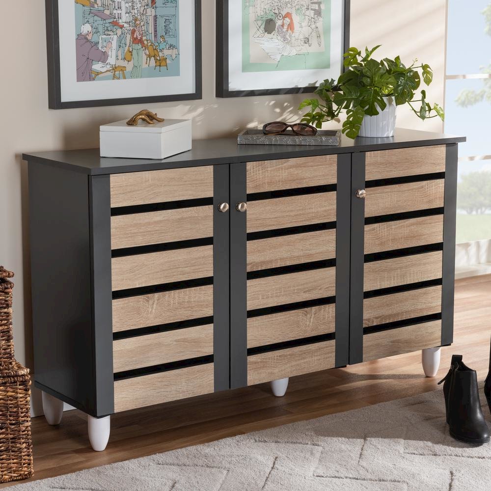 Two-Tone Oak and Dark Gray 3-Door Shoe Storage Cabinet