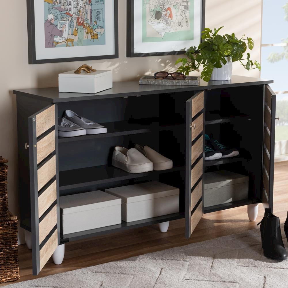 Two-Tone Oak and Dark Gray 3-Door Shoe Storage Cabinet