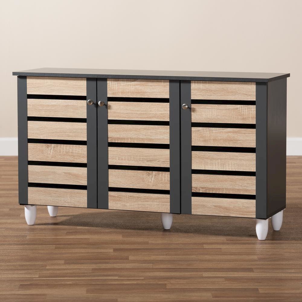 Two-Tone Oak and Dark Gray 3-Door Shoe Storage Cabinet