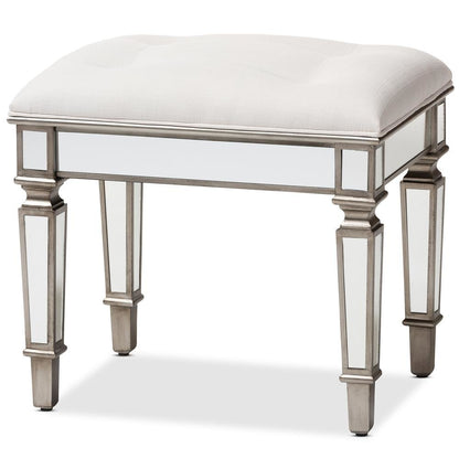 Off White Fabric Upholstered Mirrored Ottoman Vanity Bench