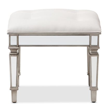Off White Fabric Upholstered Mirrored Ottoman Vanity Bench