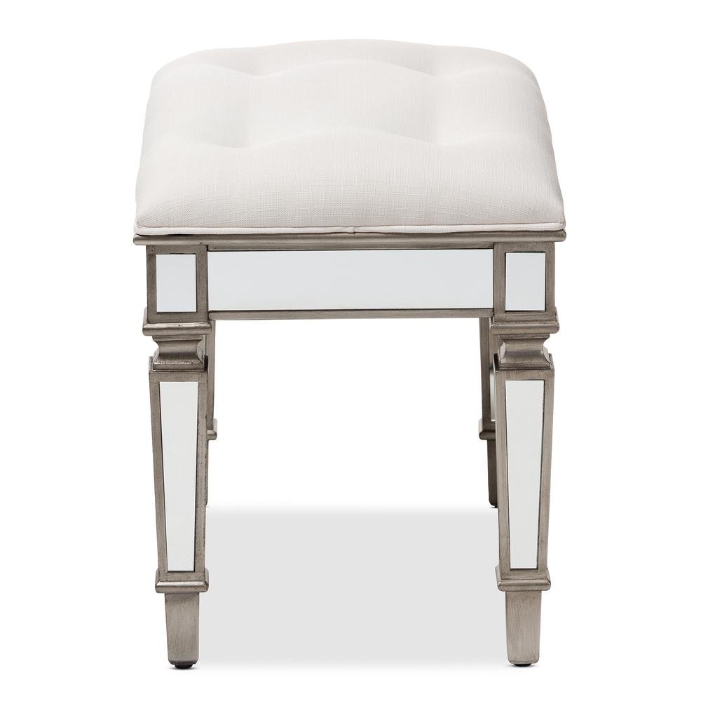 Off White Fabric Upholstered Mirrored Ottoman Vanity Bench