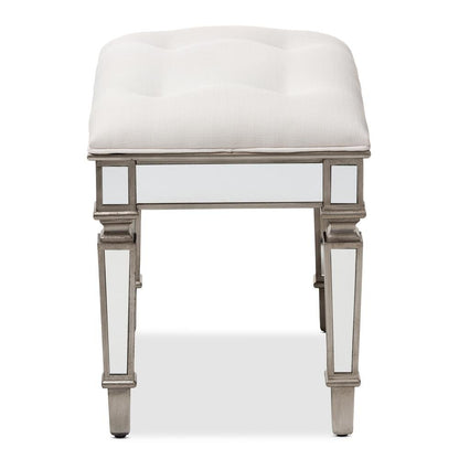 Off White Fabric Upholstered Mirrored Ottoman Vanity Bench