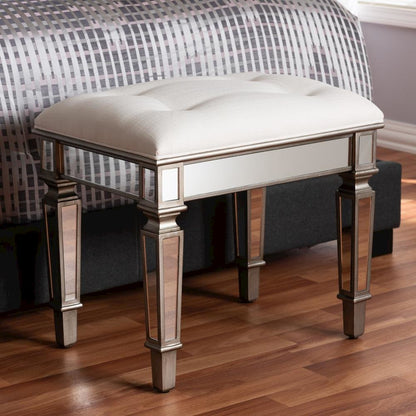 Off White Fabric Upholstered Mirrored Ottoman Vanity Bench