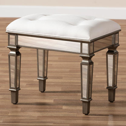 Off White Fabric Upholstered Mirrored Ottoman Vanity Bench