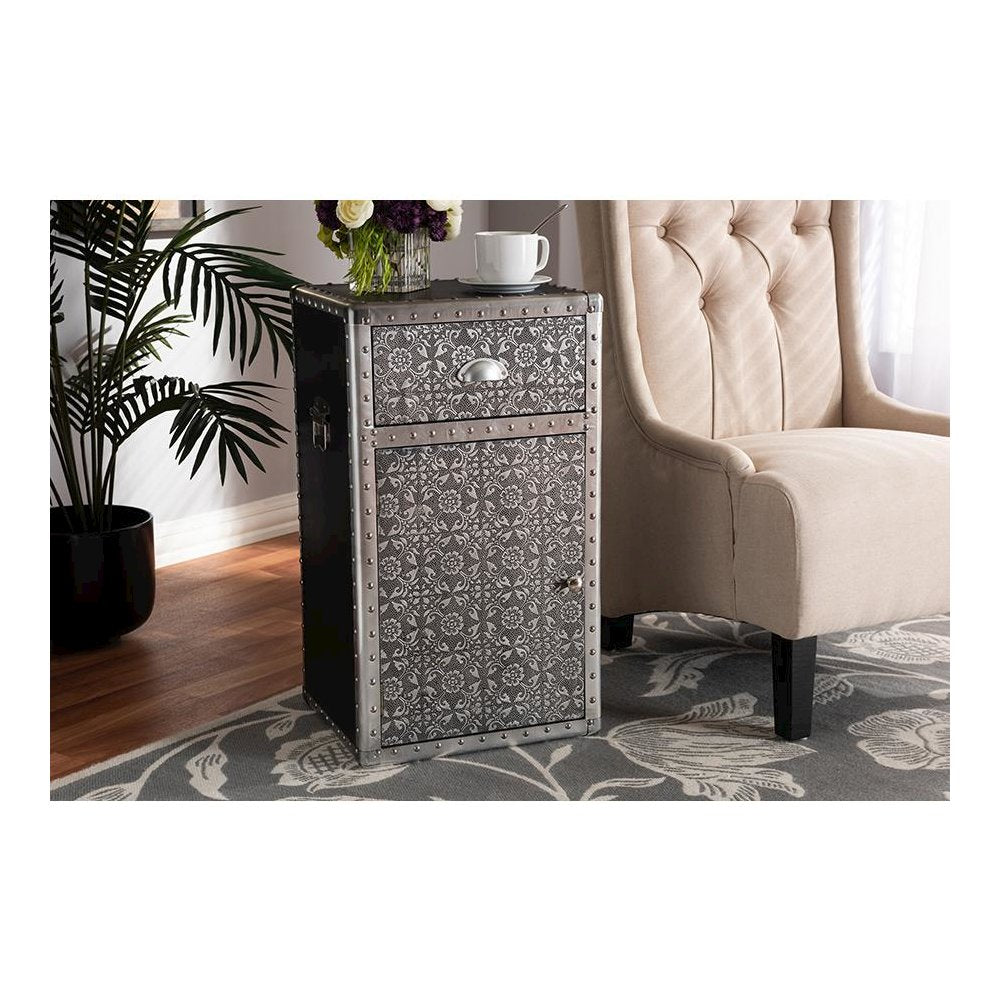 Baxton Studio Cosette Vintage Industrial Silver Metal Floral Accent Cabinet