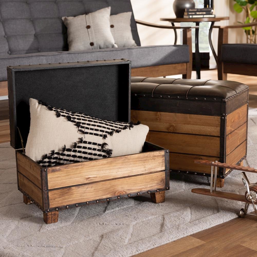 Leather Upholstered 2-Piece Wood Storage Trunk Ottoman Set