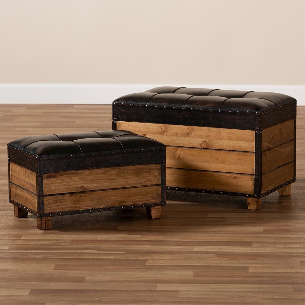 Leather Upholstered 2-Piece Wood Storage Trunk Ottoman Set