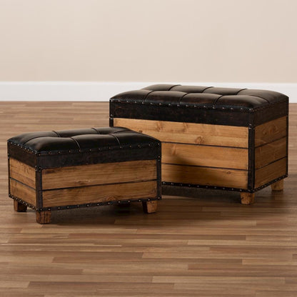 Leather Upholstered 2-Piece Wood Storage Trunk Ottoman Set