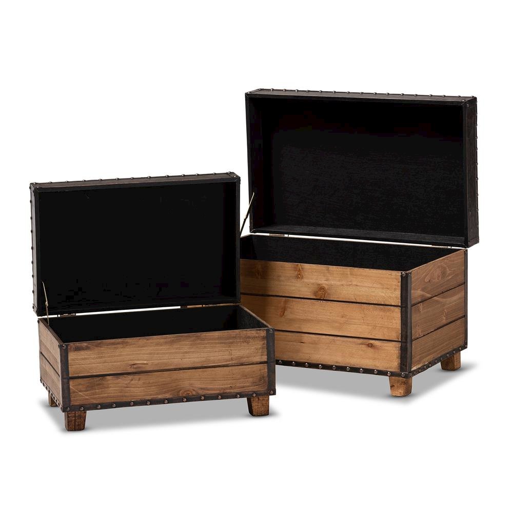 Leather Upholstered 2-Piece Wood Storage Trunk Ottoman Set
