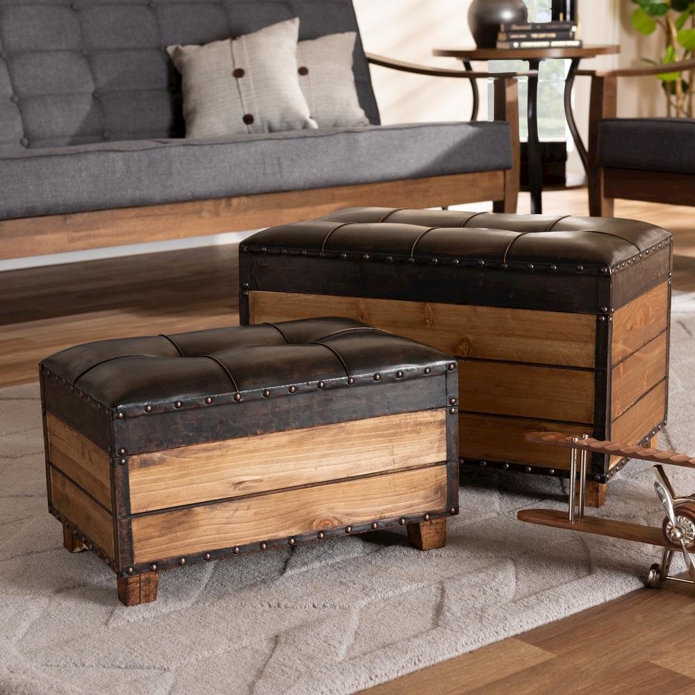 Leather Upholstered 2-Piece Wood Storage Trunk Ottoman Set