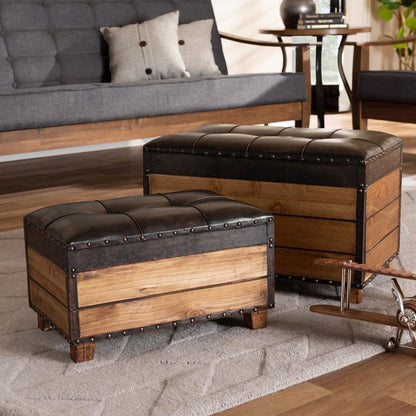 Leather Upholstered 2-Piece Wood Storage Trunk Ottoman Set