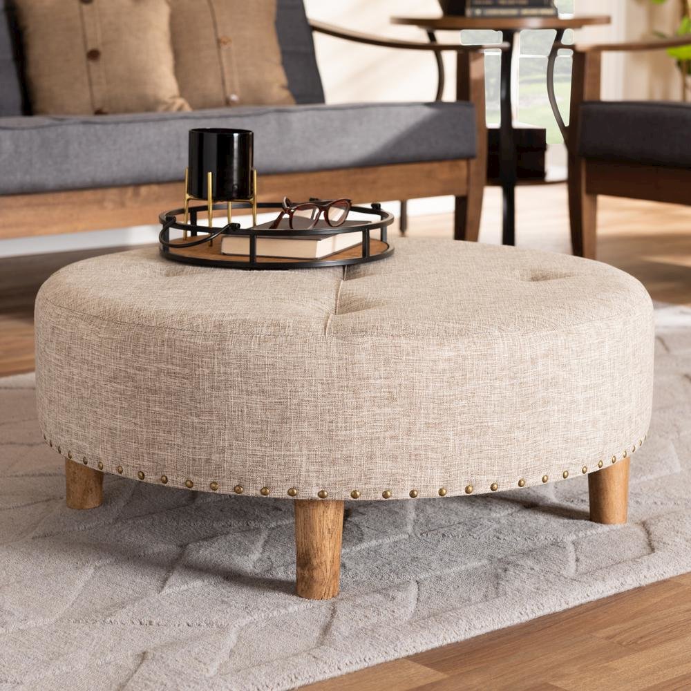 Beige Fabric Upholstered Natural Wood Cocktail Ottoman