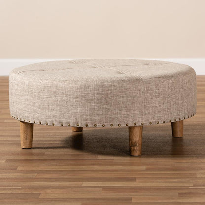 Beige Fabric Upholstered Natural Wood Cocktail Ottoman
