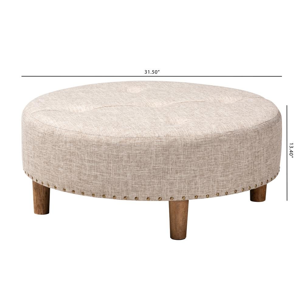 Beige Fabric Upholstered Natural Wood Cocktail Ottoman