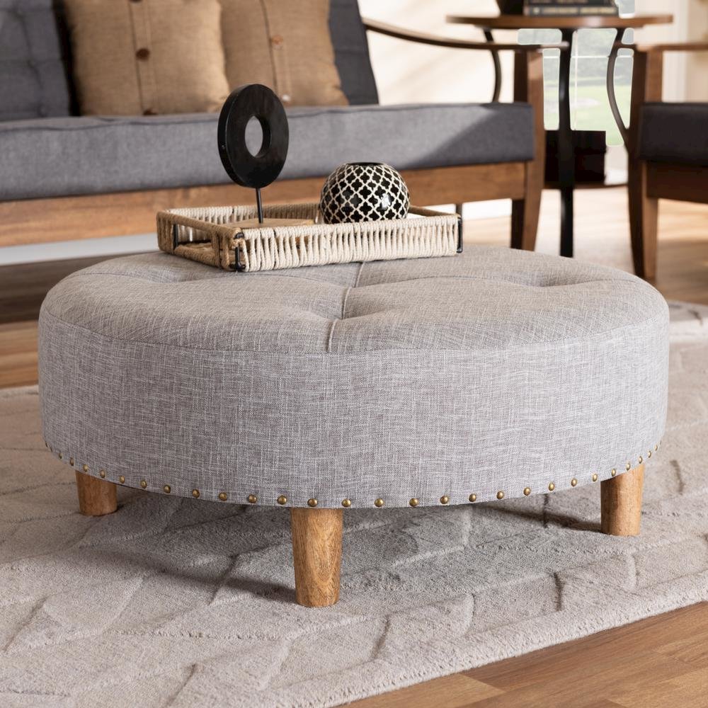 Light Gray Fabric Upholstered Natural Wood Cocktail Ottoman