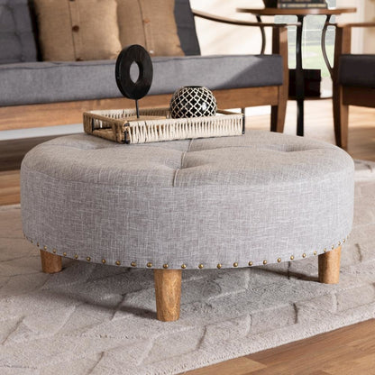Light Gray Fabric Upholstered Natural Wood Cocktail Ottoman
