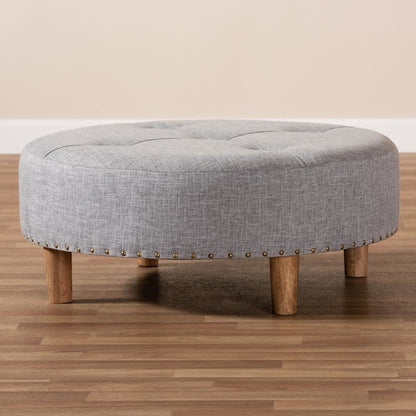 Light Gray Fabric Upholstered Natural Wood Cocktail Ottoman
