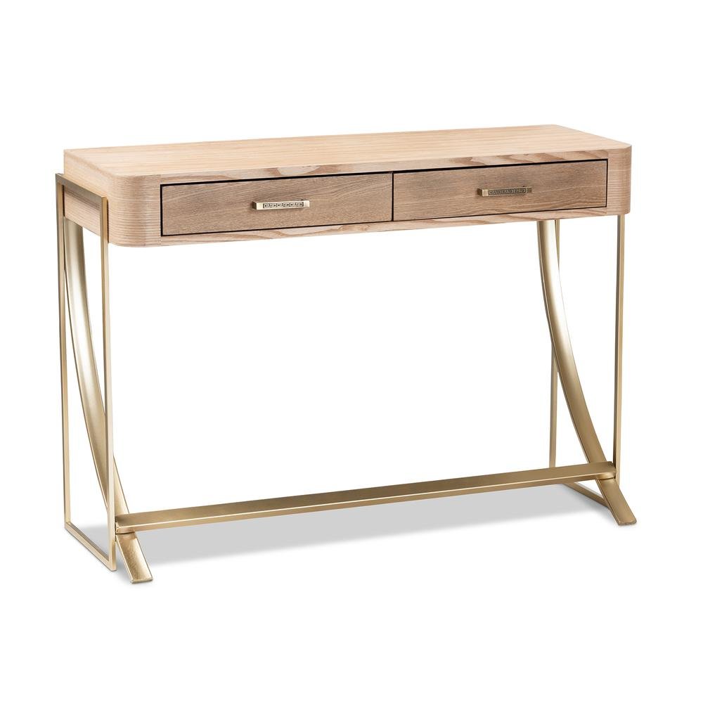 Natural Brown Finished Wood and Gold Finished 2-Drawer Console Table