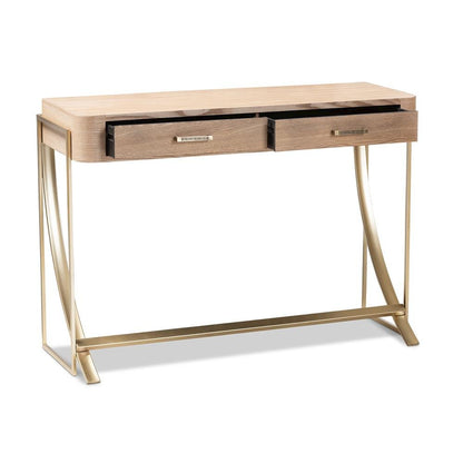Natural Brown Finished Wood and Gold Finished 2-Drawer Console Table