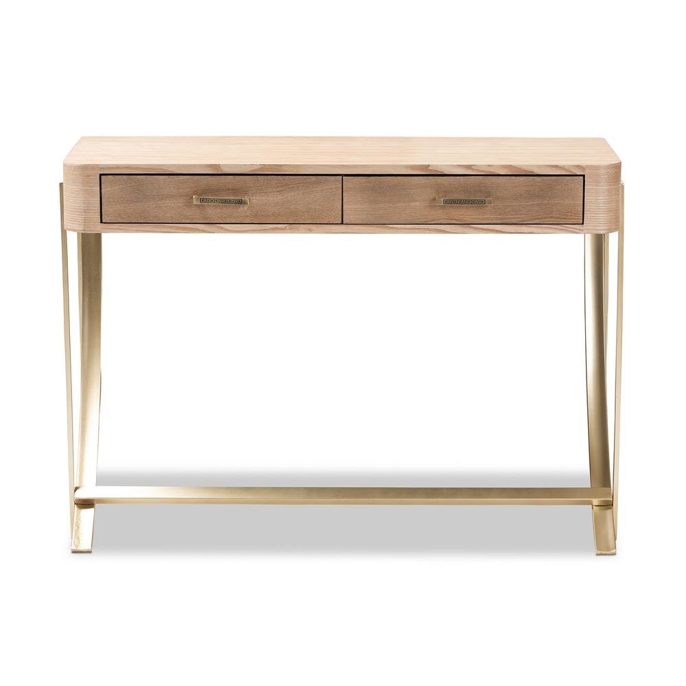 Natural Brown Finished Wood and Gold Finished 2-Drawer Console Table