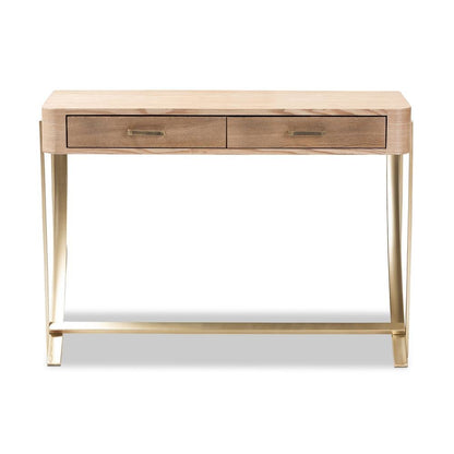 Natural Brown Finished Wood and Gold Finished 2-Drawer Console Table