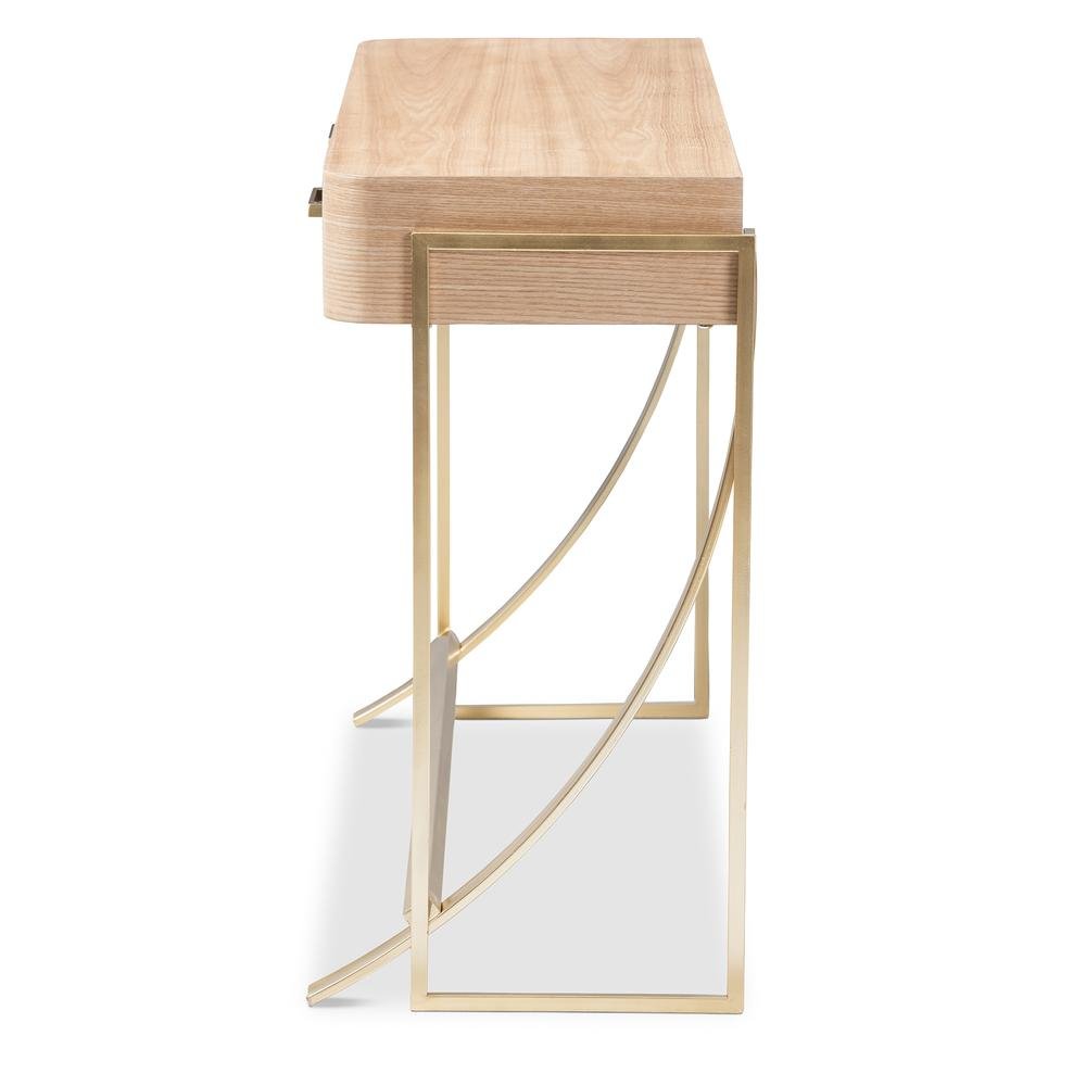 Natural Brown Finished Wood and Gold Finished 2-Drawer Console Table
